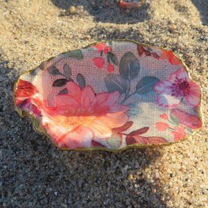 Floral Canvas Bouquet Oyster Shell Decoupage Trinket Dish Handmade